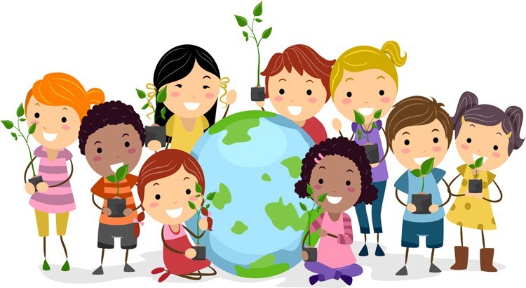 Children holding seedlings around a globe.