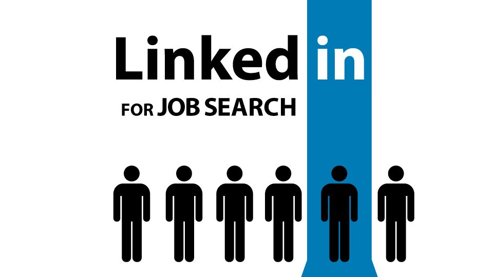 LinkedIn for job search graphic with one person highlighted among a group of candidates.
