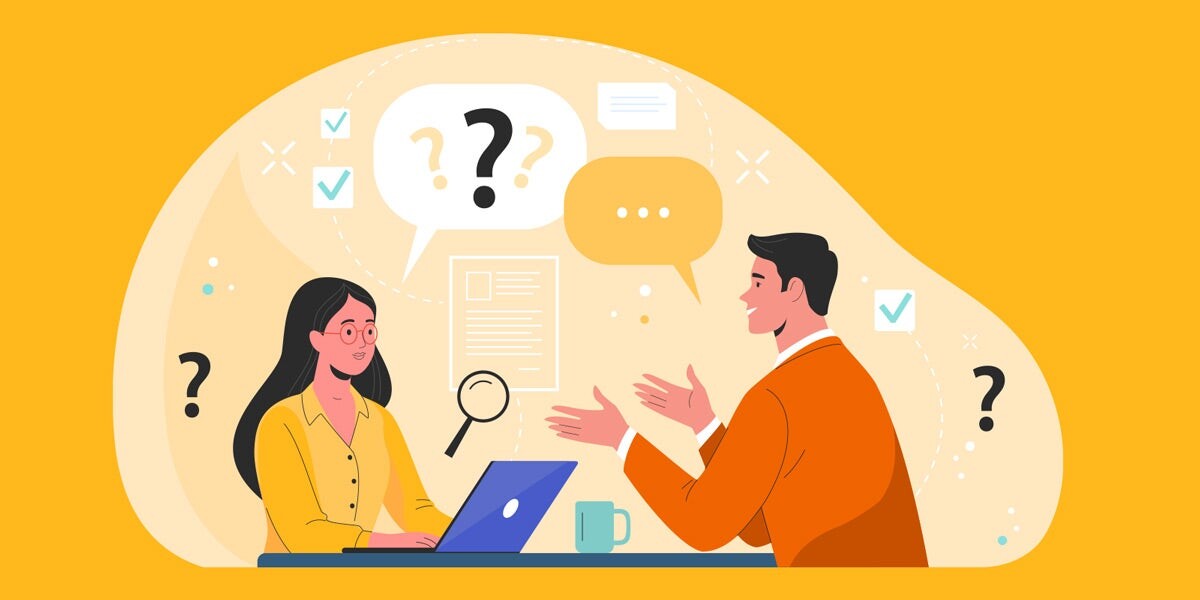 Illustration of a recruiter and candidate discussing questions and documents during an interview.