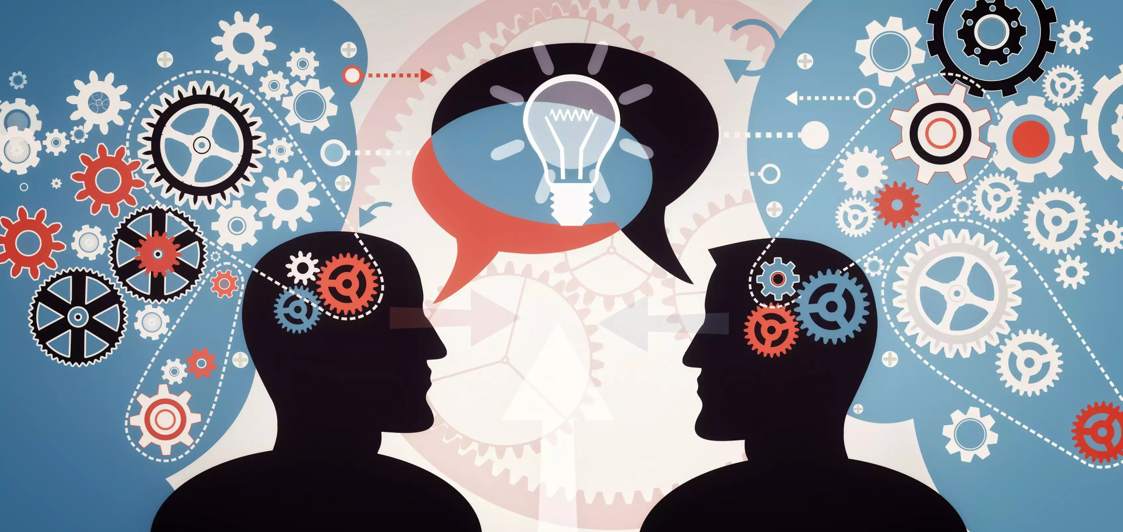Illustration of two people communicating through speech bubbles, lightbulbs and interlocking gears.