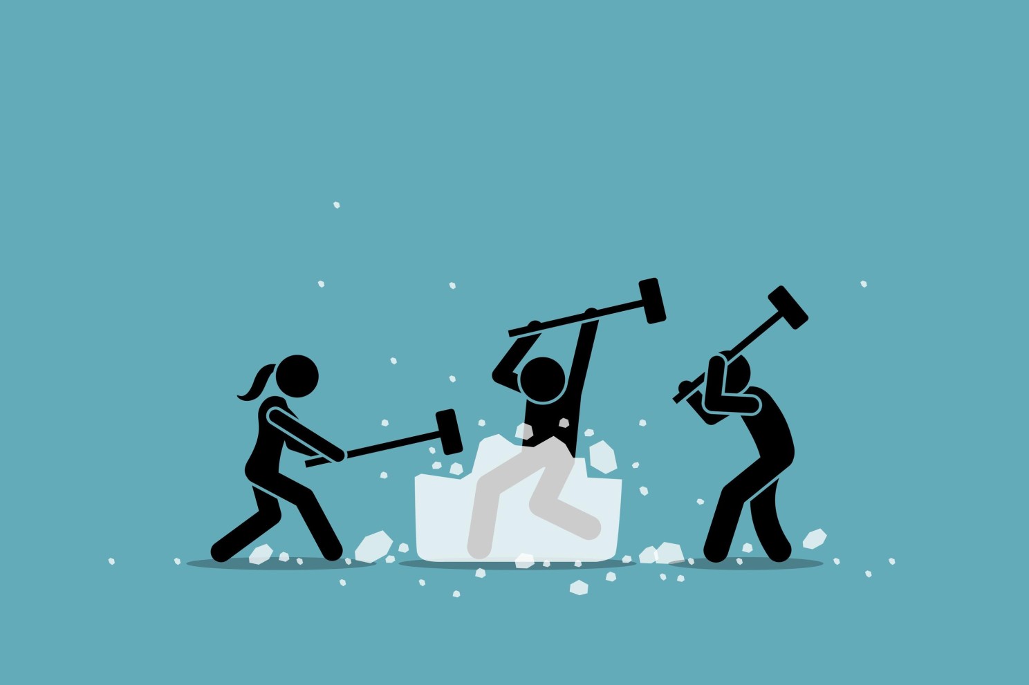 Illustration of three people working together to break through a barrier.