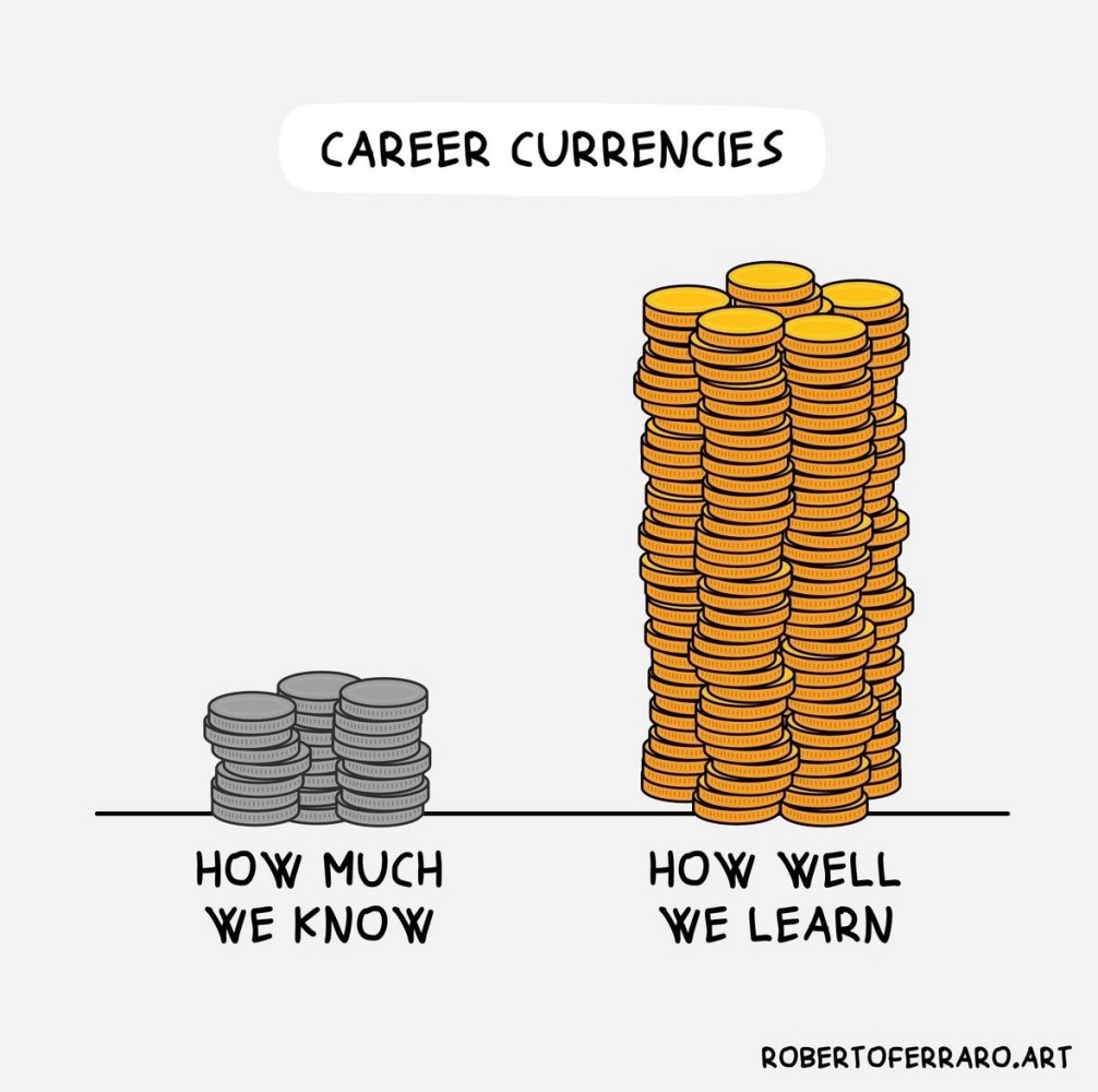 Illustration comparing career value from what people know with value from how well they learn.