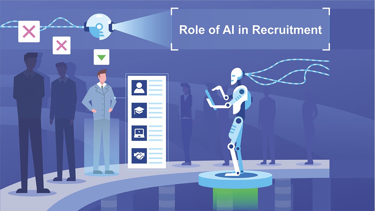 Illustration of an AI system screening candidates for recruitment.
