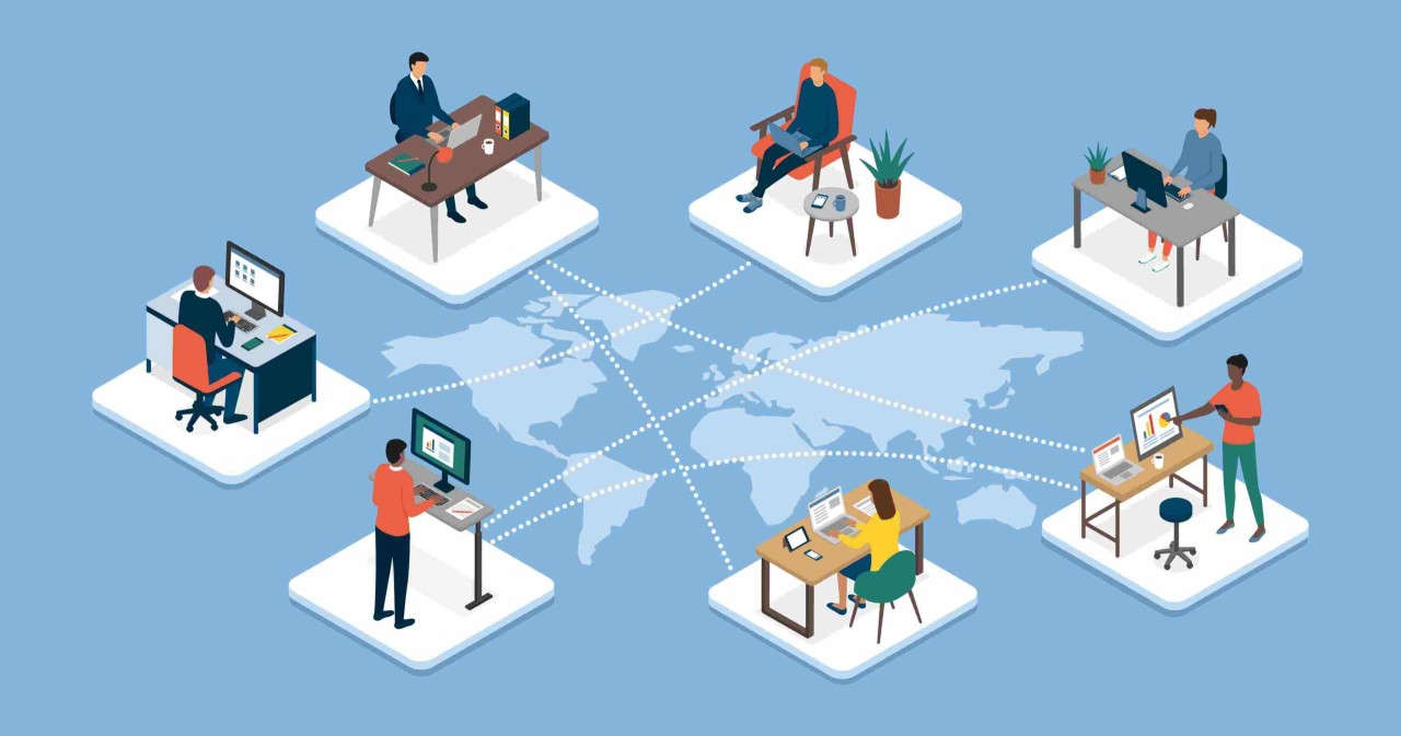 Illustration of people working remotely from separate desks connected across a world map.