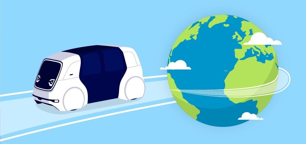 Illustration of an autonomous vehicle travelling alongside a globe.