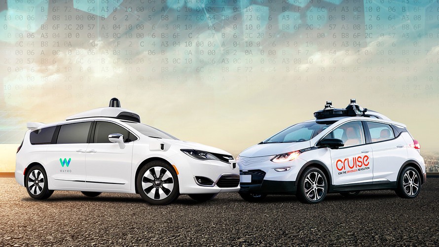 Photograph of Waymo and Cruise autonomous vehicles.
